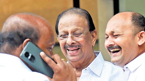 KPCC president K Sudhakaran having a light moment with party workers after the UDF leaders’ meeting at Kalamassery on Monday 