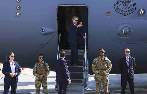 US Secretary of State Antony Blinken gestures as he departs for Egypt, in Tel Aviv, Israel, Aug 20, 2024. 