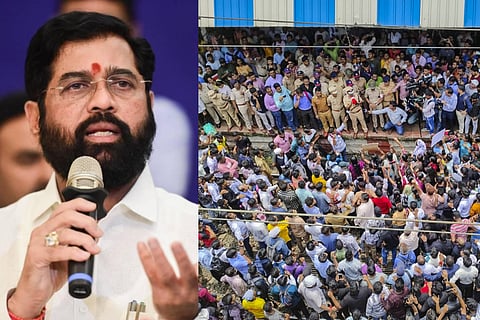 Eknath Shinde (L) Police personnel speak with people blocking railway tracks in protest against the alleged sexual assault and murder of a postgraduate trainee doctor in Kolkata, at Badlapur railway station, in Thane district
