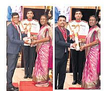 (Left) Dr Digendranath Swain and Dr Swarup Parida receiving the award from President Droupadi Murmu 