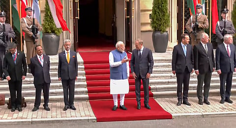 Prime Minister Narendra Modi with his Polish counterpart Donald Tusk during his ceremonial welcome at the Chancellery, in Warsaw, Poland, Thursday, Aug. 22, 2024.