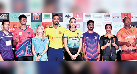 (From L) Harmeet Desai, Snehit SFR,  Bernadete Szocs, A Sharath Kamal, Manika Batra, G Sathiyan, Ayhikha Mukherjee, and Quadri Aruna during the Ultimate Table Tennis 2024 pre-season press meet in Chennai on Wednesday