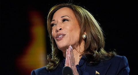 Democratic presidential nominee Vice President Kamala Harris speaks during the Democratic National Convention Thursday, Aug. 22, 2024, in Chicago. 