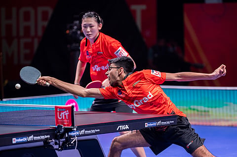 Manav Thakkar (R) won his singles and mixed doubles ties for U Mumba TT