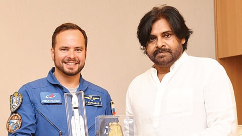 Deputy Chief Minister Pawan Kalyan with Russian cosmonaut Sergey Vladimirovich Korsakov in Hyderabad on Sunday