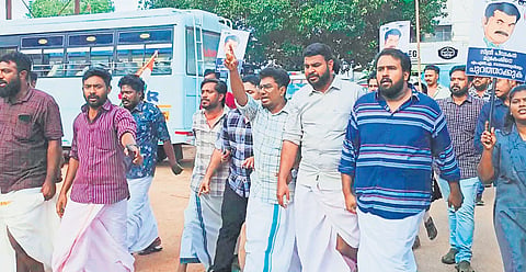 Youth Congress activists take out a protest march to Mukesh’s residence in Kollam on Wednesday demanding his resignation