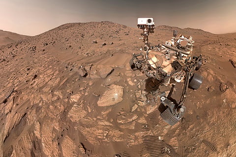 This image provided by NASA, shows a selfie of their Perseverance Mars rover, on July 23, 2024. The image is made up of 62 individual images that were stitched together. 