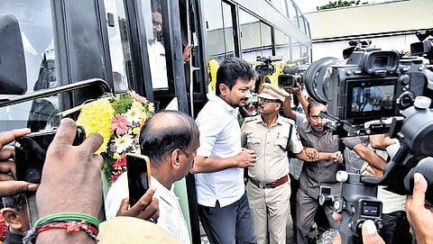Sports Minister Udhayanidhi Stalin inspects an SETC bus after flagging off 150 new buses at Pallavan House, on Wednesday in Chennai 