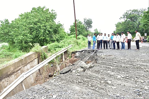 Road washed away amid heavy rainfall. 