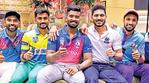 Captains Sachin Baby (Aries Kollam Sailors), Varun Nayanar (Thrissur Titans), Abdul Basith (Trivandrum Royals), Basil Thampi (Kochi Blue Tigers), Mohammad Azharuddin (Alleppey Ripples) and Rohan S Kunummal (Calicut Globestars) in Thiruvananthapuram on Friday 