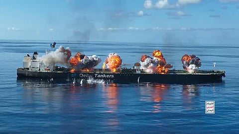 This frame grab from video released by the Ansar Allah Media Office, the media arm of Yemen's Houthi rebels, on Thursday, Aug. 29, 2024, shows explosions striking the Greek-flagged oil tanker Sounion in the Red Sea.