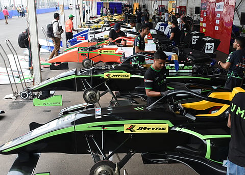 F4 cars getting ready at the pitstop at Island grounds ahead of the Racing sport event to be held in Chennai. 