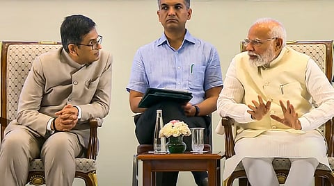 Prime Minister Narendra Modi with Chief Justice of India D Y Chandrachud during the inauguration of the National Conference of District Judiciary, in New Delhi, Saturday, Aug 31, 2024. 