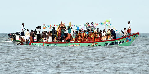 Fishers of Nambiyar Nagar celebrating the age-old Golden Fish Festival on
Sunday