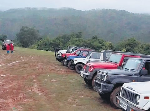 SUVs set to participate in the rally at a forest area in Mudigere taluk on Saturday 