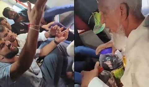 The assaulters (left) aggressively question the victim over suspicion of carrying beef