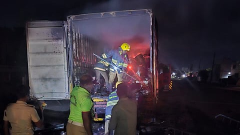 The container truck that caught fire on Pasuvanthanai road. 