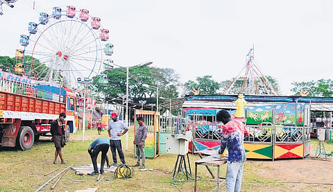 Preparations under way at the Tripunithura Government HSS ground for  ‘Athachamayam’, which will be held on September 6