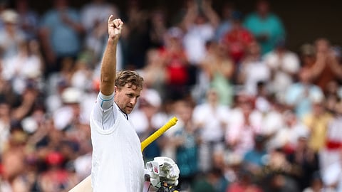 England's Joe Root celebrates after reaching his hundred on day three of the second cricket test match between England and Sri Lanka at Lord's cricket ground in London on August 31, 2024.