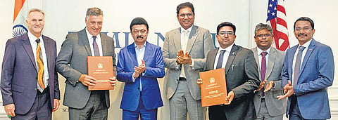 CM MK Stalin during the MoU signing in Chicago, with Industries Minister TRB Rajaa and Trilliant’s Chief Commercial Operations Officer Mike Mortimer 