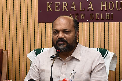 Kerala Industry minister P. Rajeev addresses a press conference at Kerala House in New Delhi