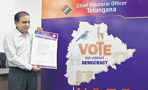 Telangana Chief Electoral officer 
C Sudharshan Reddy releases the poster of special summary revision (SSR 2025) of photo electoral rolls during a media conference in Hyderabad 
on Thursday
