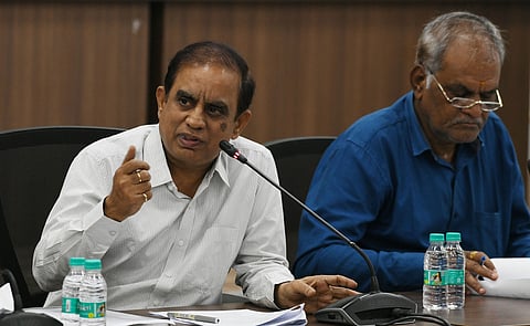 Telangana Chief Electoral officer  C Sudharshan Reddy addressing media during a press conference in Hyderabad 
