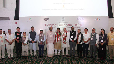 Minister P Rajeeve alongside Union Minister of Commerce and Industry Piyush Goyal and others at the Udhyog Samagam
