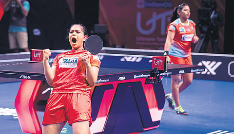 Diya Chitale of Dabang Delhi TTC celebrates after beating Reeth Rishya of Ahmedabad SG Pipers in the UTT 2024 semifinals in Chennai on Friday 