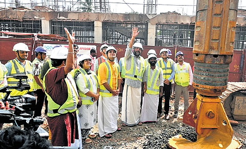 Industries Minister P Rajeeve, Ernakulam MP Hibi Eden and Thrikkakara MLA Uma Thomas at the switch-on ceremony for starting viaduct construction, at Cochin SEZ metro station. KMRL MD Loknath Behera is also seen 
