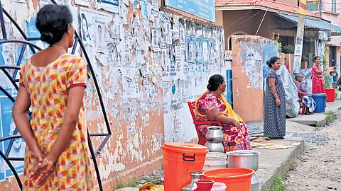 Owing to the ongoing work announced by the Kerala Water Authority, water supply to many parts of the state capital have been disconnected, leaving the residents at the receiving end. People waiting with utensils for water at Poonthura on Saturday 