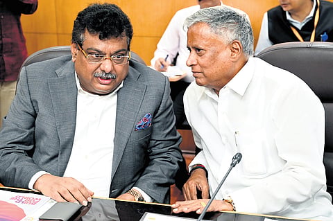 Union Minister for Railways V Somanna and Industry Minister MB Patil at a press confrence regarding the Subrban Rail at Vidhana Soudha in Bengaluru on Monday
