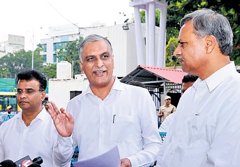  BRS leader and former minister T Harish Rao addresses the media after attending the Finance Commission meeting