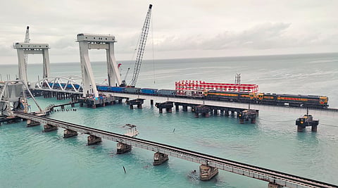 The new railway bridge, spanning 2.05 km across Palk Strait links Rameswaram Island to mainland 
