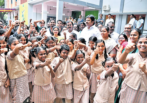 Mayor Priya with the students at Chennai High School on Cooks Road 