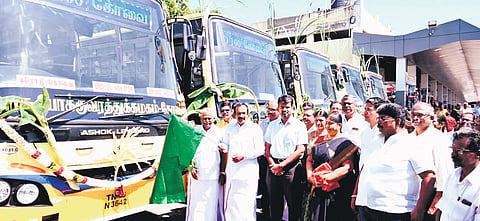 Minister S Muthusamy flagging off TNSTC buses in Erode on Thursday 