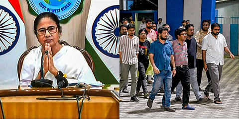 (L)West Bengal Chief Minister address the media after junior doctors refused to turn up for a meeting to resolve the RG Kar issue. (R) Junior doctors leaving the Nabanna without attending the meeting. 