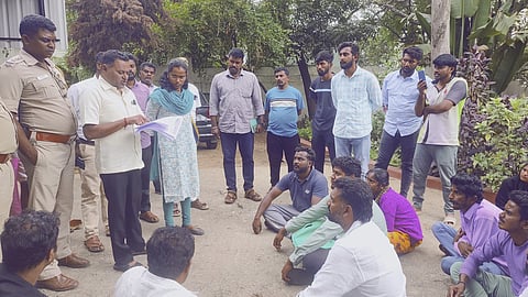 Officials at Hosur sub-collector office interacting with Vanamangalam village people about their demands on Wednesday.