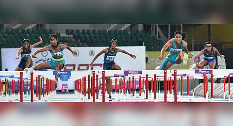 Women athletes compete at the 100m hurdles on Day 2 of the South Asian Junior Athletics Championship 