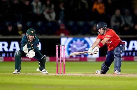 England's Liam Livingstone bats during the second One Day International match between England and Australia at Sophia Gardens, Cardiff, Friday Sept. 13, 2024. 
