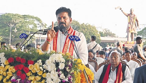 Chief Minister A Revanth Reddy addresses the gathering after unveiling statue 
of former prime minister Rajiv Gandhi in Hyderabad on Monday