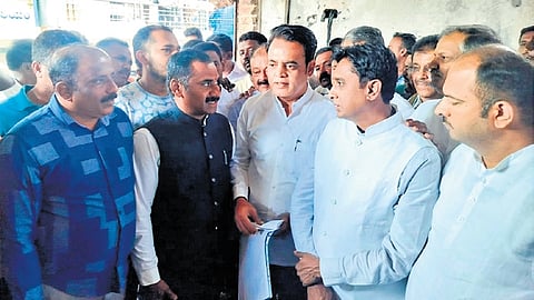 Former DyCM Dr C N Ashwath Narayan and other BJP leaders who are part of the party’s fact-finding committee in Nagamangala on Monday