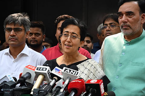 AAP Leader and delhi Chief Minister  designated  Atishi along with AAP Delhi president Gopal Rai and other party leaders  addresses the media to announce after her name of new CM of Delhi at Civil lines in New Delhi, India on Tuesday, September 17, 2024. 