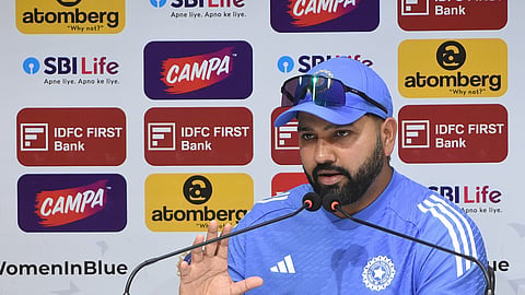 Indian cricket captain Rohit Sharma addresses the media on the eve of the first Test match between India and Bangladesh, at the MA Chidambaram Stadium, in Chennai.