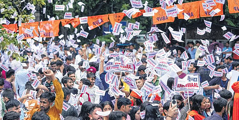 ABVP activists hold poll rally at Faculty of Arts in North Campus on Wednesday 