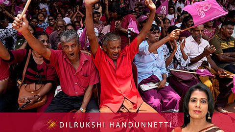 Supporters of National People's Power cheer their leader and presidential candidate Anura Kumara Dissanayake during a public rally in Dehiowita, Sri Lanka, Tuesday, Sept. 17, 2024.  
