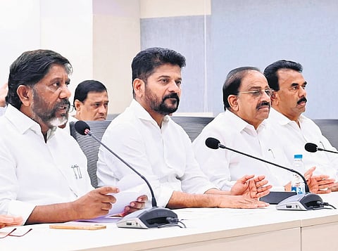 Chief Minister A Revanth Reddy and his Cabinet colleagues during a press conference at the Secretariat in Hyderabad on Friday