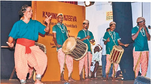 Bannanje Sanjeeva Suvarna performs with the Koraga community in Udupi 