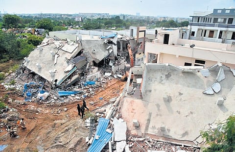 HYDRAA demolitions encroachments on Ameenpur lake in Hyderabad on Sunday