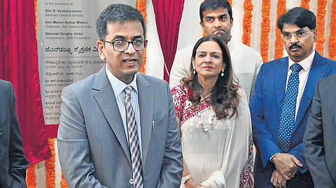 Chief Justice of India D Y Chandrachud with others during the foundation-laying ceremony of the JSW Academic Block at NLSIU in Bengaluru 